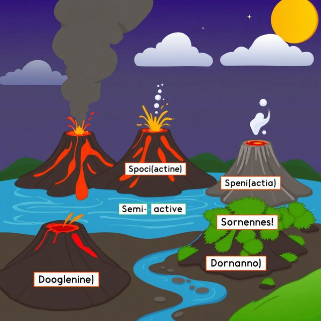 An animated scene featuring multiple volcanoes in different states: active, semi-active, and dormant