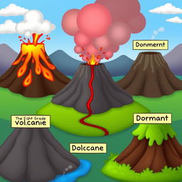 An animated scene featuring multiple volcanoes in different states: active, semi-active, and dormant