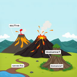 An animated scene featuring multiple volcanoes in different states: active, semi-active, and dormant