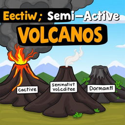 An animated scene featuring multiple volcanoes in different states: active, semi-active, and dormant