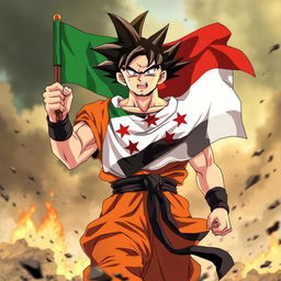 Goku emerging from a fierce battle, surrounded by a large and intense aura, displaying a serious and proud demeanor