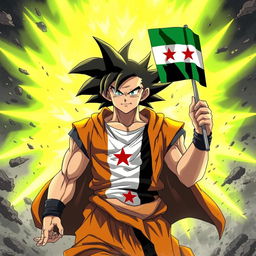 Goku emerging from a fierce battle, surrounded by a large and intense aura, displaying a serious and proud demeanor