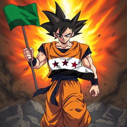 Goku emerging from a fierce battle, surrounded by a large and intense aura, displaying a serious and proud demeanor