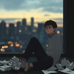 A contemplative scene depicting a person sitting in a quiet, somber environment, reflecting on love and life