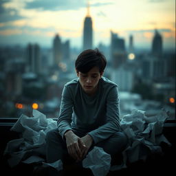 A contemplative scene depicting a person sitting in a quiet, somber environment, reflecting on love and life