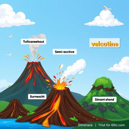 A vibrant animated scene showcasing multiple volcanoes in various states: active, semi-active, and dormant