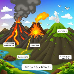 A vibrant animated scene showcasing multiple volcanoes in various states: active, semi-active, and dormant