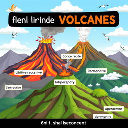 A vibrant animated scene showcasing multiple volcanoes in various states: active, semi-active, and dormant