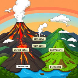 A vibrant animated scene showcasing multiple volcanoes in various states: active, semi-active, and dormant