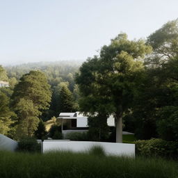 A modern house with clean lines, large windows, and minimalist aesthetic situated in a lush green landscape