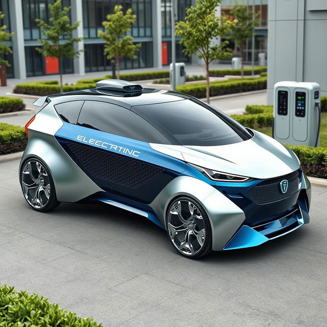 A futuristic electric vehicle design showcasing sleek aerodynamic lines, an innovative body with integrated solar panels, a panoramic glass roof, and a bold color palette of metallic silver and deep blue