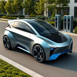 A futuristic electric vehicle design showcasing sleek aerodynamic lines, an innovative body with integrated solar panels, a panoramic glass roof, and a bold color palette of metallic silver and deep blue
