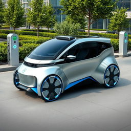 A futuristic electric vehicle design showcasing sleek aerodynamic lines, an innovative body with integrated solar panels, a panoramic glass roof, and a bold color palette of metallic silver and deep blue