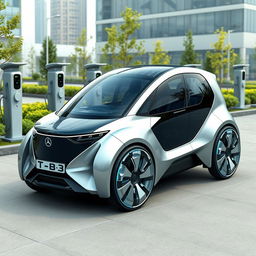 A futuristic electric vehicle design showcasing sleek aerodynamic lines, an innovative body with integrated solar panels, a panoramic glass roof, and a bold color palette of metallic silver and deep blue