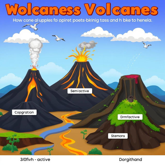 An engaging animated scene featuring a variety of volcanoes including active, semi-active, and dormant types