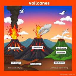 An engaging animated scene featuring a variety of volcanoes including active, semi-active, and dormant types