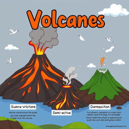 An engaging animated scene featuring a variety of volcanoes including active, semi-active, and dormant types