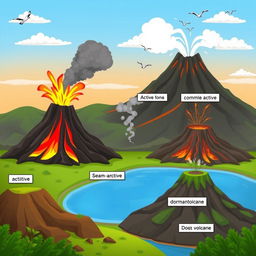 An engaging animated scene featuring a variety of volcanoes including active, semi-active, and dormant types