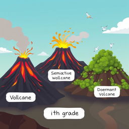 A captivating animated illustration featuring different types of volcanoes: one active volcano spewing vibrant lava and smoke, one semi-active volcano releasing gentle steam, and one dormant volcano adorned with lush greenery