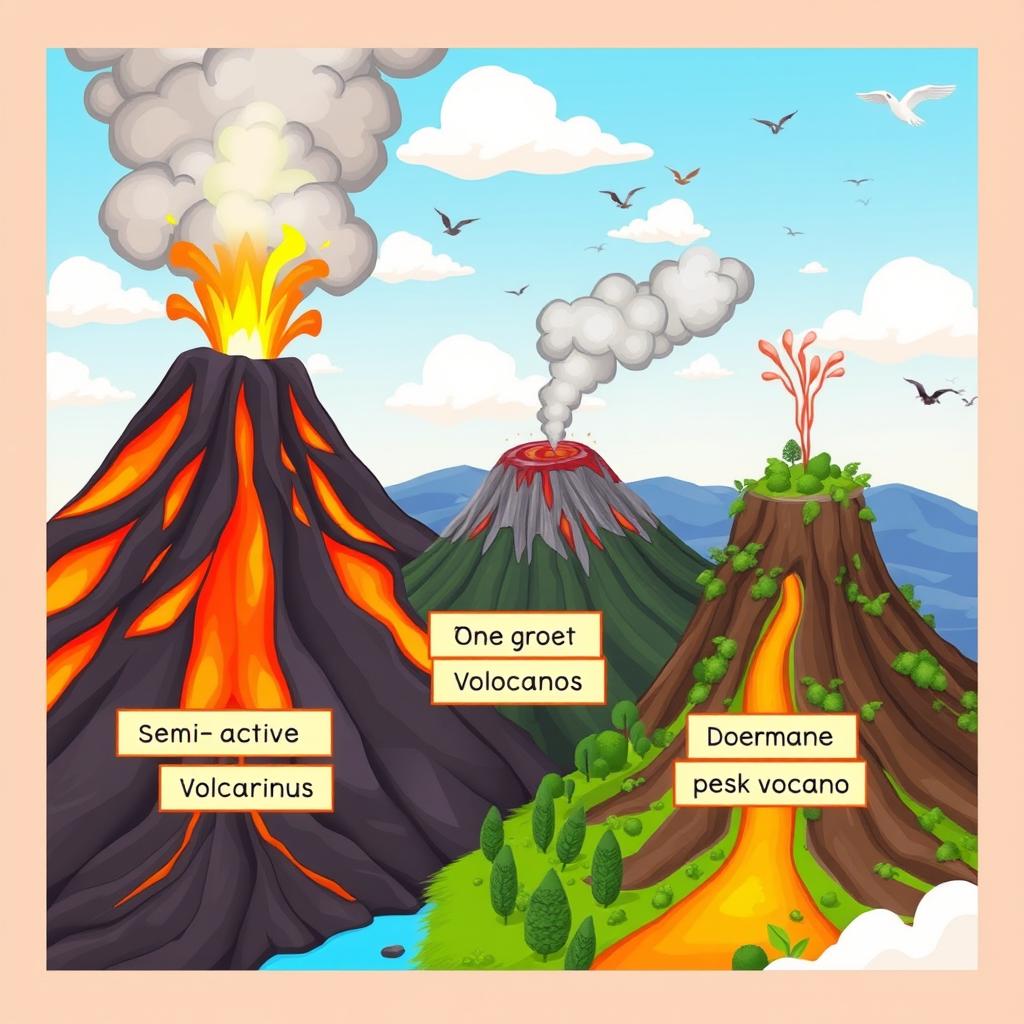 A captivating animated illustration featuring different types of volcanoes: one active volcano spewing vibrant lava and smoke, one semi-active volcano releasing gentle steam, and one dormant volcano adorned with lush greenery