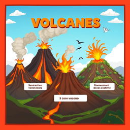 A captivating animated illustration featuring different types of volcanoes: one active volcano spewing vibrant lava and smoke, one semi-active volcano releasing gentle steam, and one dormant volcano adorned with lush greenery