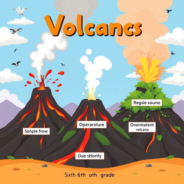 A captivating animated illustration featuring different types of volcanoes: one active volcano spewing vibrant lava and smoke, one semi-active volcano releasing gentle steam, and one dormant volcano adorned with lush greenery