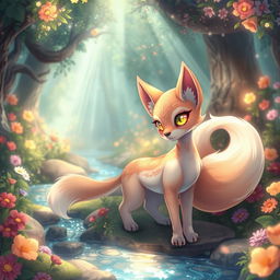 An imaginative and whimsical fantasy scene featuring a mythical creature, such as a beautiful, enchanting kitsune (fox spirit) with multiple shimmering tails, set in a lush, vibrant forest with colorful flowers and sparkling streams