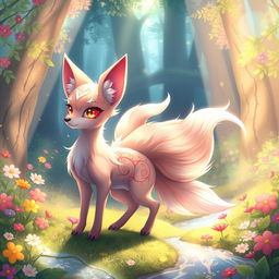An imaginative and whimsical fantasy scene featuring a mythical creature, such as a beautiful, enchanting kitsune (fox spirit) with multiple shimmering tails, set in a lush, vibrant forest with colorful flowers and sparkling streams