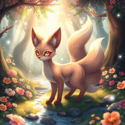 An imaginative and whimsical fantasy scene featuring a mythical creature, such as a beautiful, enchanting kitsune (fox spirit) with multiple shimmering tails, set in a lush, vibrant forest with colorful flowers and sparkling streams