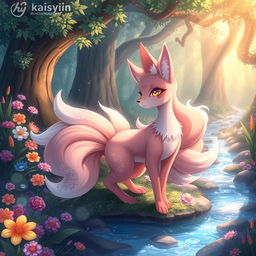 An imaginative and whimsical fantasy scene featuring a mythical creature, such as a beautiful, enchanting kitsune (fox spirit) with multiple shimmering tails, set in a lush, vibrant forest with colorful flowers and sparkling streams