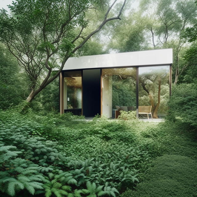 A modern house with clean lines, large windows, and minimalist aesthetic situated in a lush green landscape