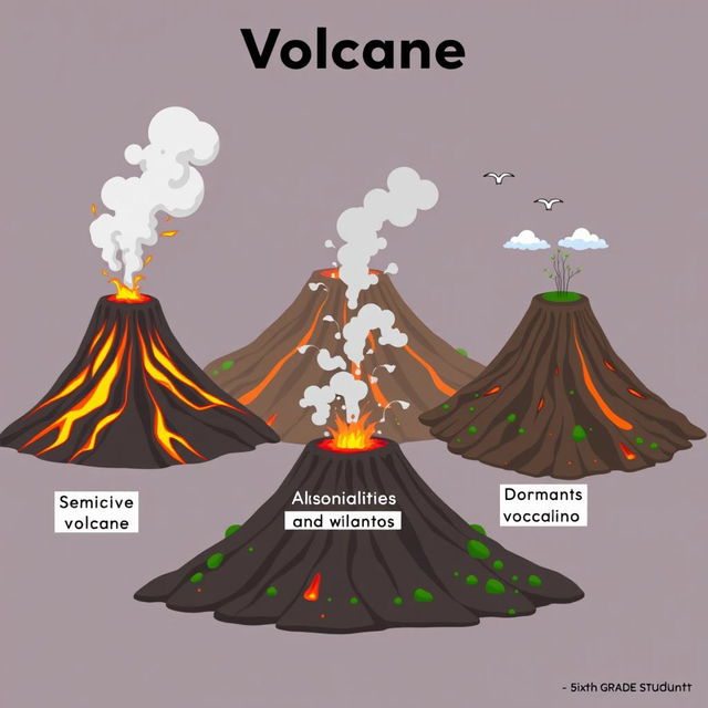 A colorful animated depiction of several volcanoes representing different states: one active volcano erupting with bright lava flows and thick smoke, one semi-active volcano releasing soft plumes of steam, and one dormant volcano, peaceful and covered in greenery