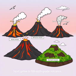 A colorful animated depiction of several volcanoes representing different states: one active volcano erupting with bright lava flows and thick smoke, one semi-active volcano releasing soft plumes of steam, and one dormant volcano, peaceful and covered in greenery