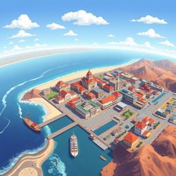 A vibrant pixel art cityscape depicting Antofagasta, Chile from a top-down view