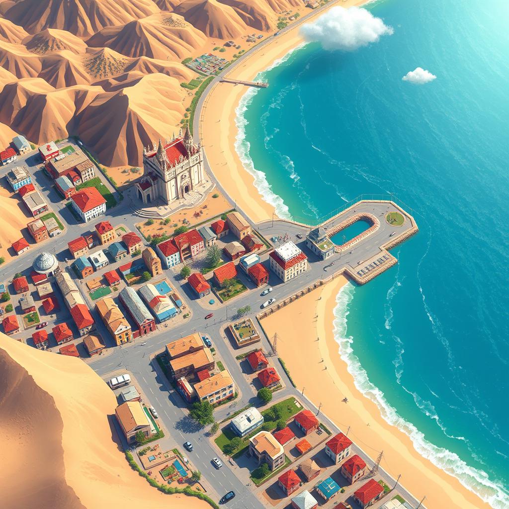 A vibrant pixel art cityscape depicting Antofagasta, Chile from a top-down view