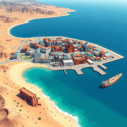 A vibrant pixel art cityscape depicting Antofagasta, Chile from a top-down view