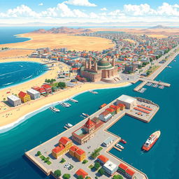 A vibrant pixel art cityscape depicting Antofagasta, Chile from a top-down view