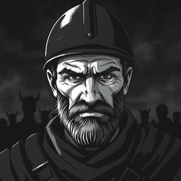 A dark and atmospheric illustration of a medieval soldier, depicted in a black and white style