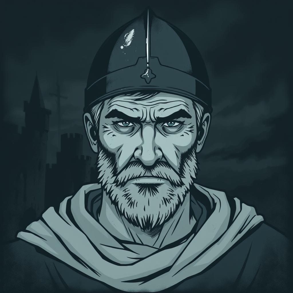 A dark and atmospheric illustration of a medieval soldier, depicted in a black and white style