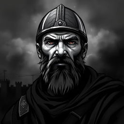 A dark and atmospheric illustration of a medieval soldier, depicted in a black and white style