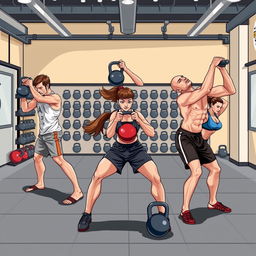 A dynamic illustration depicting a range of kettlebell workouts specifically designed for MMA athletes
