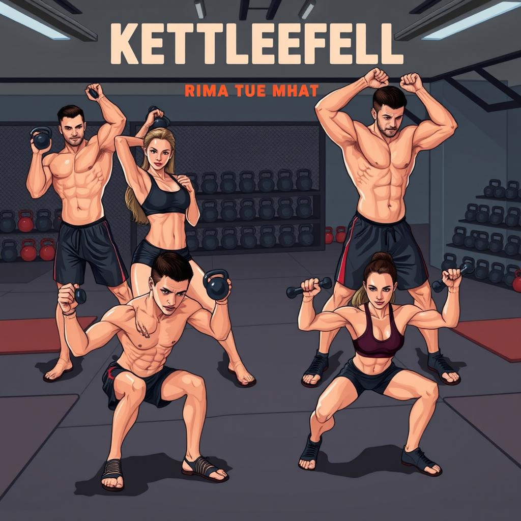 A dynamic illustration depicting a range of kettlebell workouts specifically designed for MMA athletes