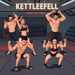 A dynamic illustration depicting a range of kettlebell workouts specifically designed for MMA athletes