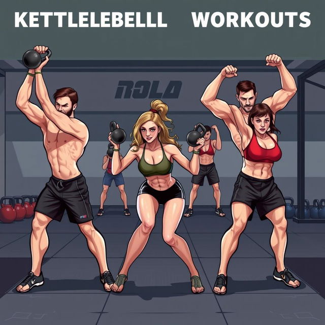 A dynamic illustration depicting a range of kettlebell workouts specifically designed for MMA athletes