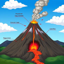 An animated illustration showcasing the components of a volcano, including the magma chamber, conduit, crater, vent, lava flow, ash cloud, and surrounding landscape