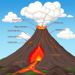 An animated illustration showcasing the components of a volcano, including the magma chamber, conduit, crater, vent, lava flow, ash cloud, and surrounding landscape