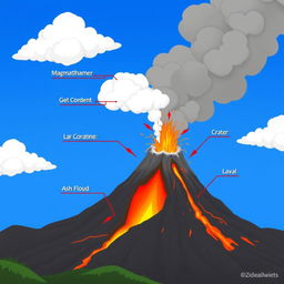 An animated illustration showcasing the components of a volcano, including the magma chamber, conduit, crater, vent, lava flow, ash cloud, and surrounding landscape