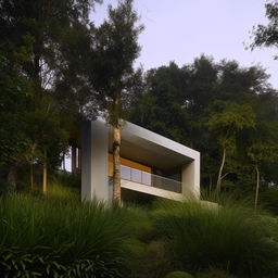 A modern house with clean lines, large windows, and minimalist aesthetic situated in a lush green landscape