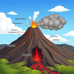 An animated illustration showcasing the components of a volcano, including the magma chamber, conduit, crater, vent, lava flow, ash cloud, and surrounding landscape