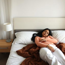 A candid photograph of a woman sleeping peacefully on a bed in a cozy, minimalist bedroom setting